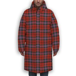 ScotsTee Shop Scottish Kelly of Sleat Red Ancient Premium Tartan Long Down Jacket Winter White Duck Down Plaid