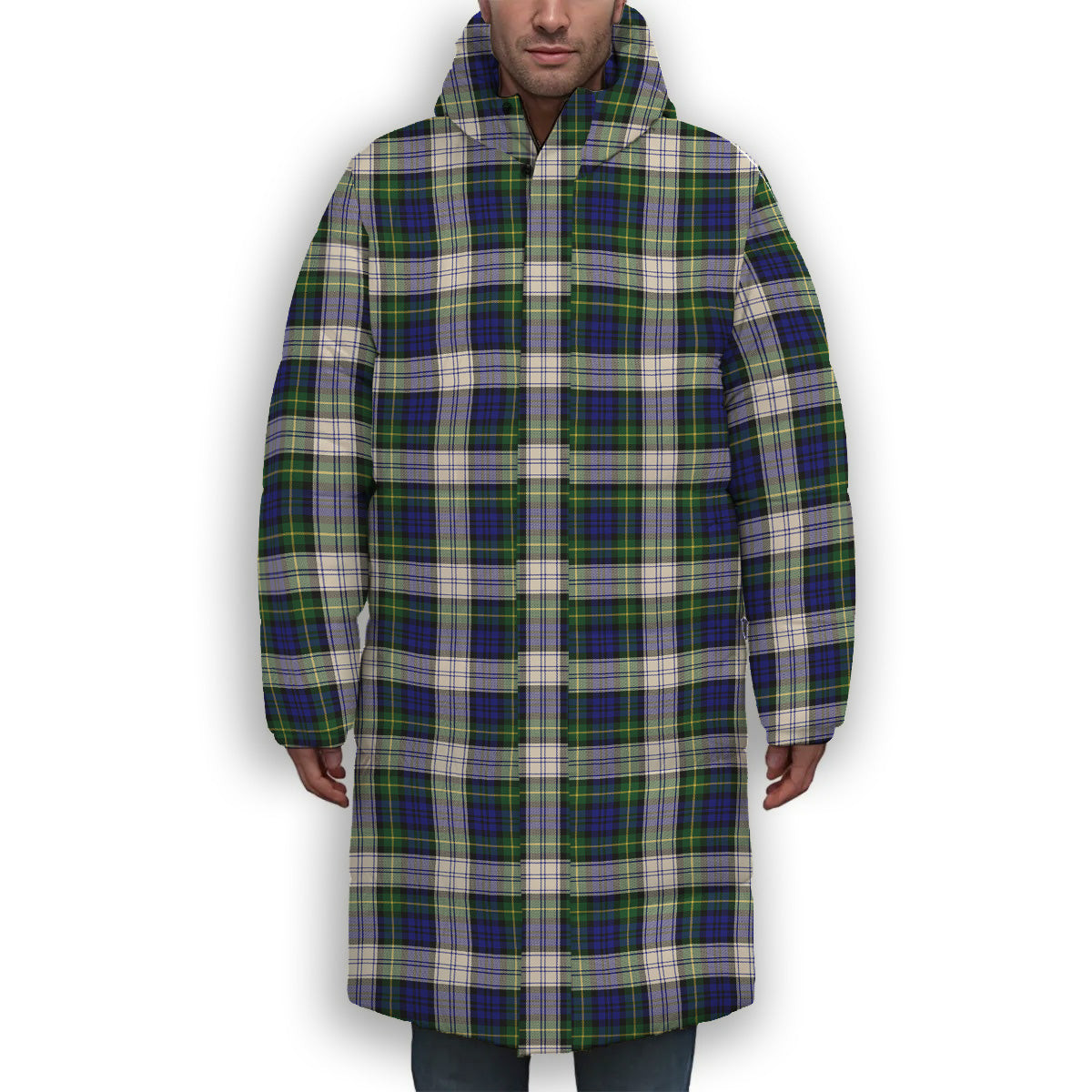 ScotsTee Shop Scottish Gordon Dress Modern Premium Tartan Long Down Jacket Winter White Duck Down Plaid