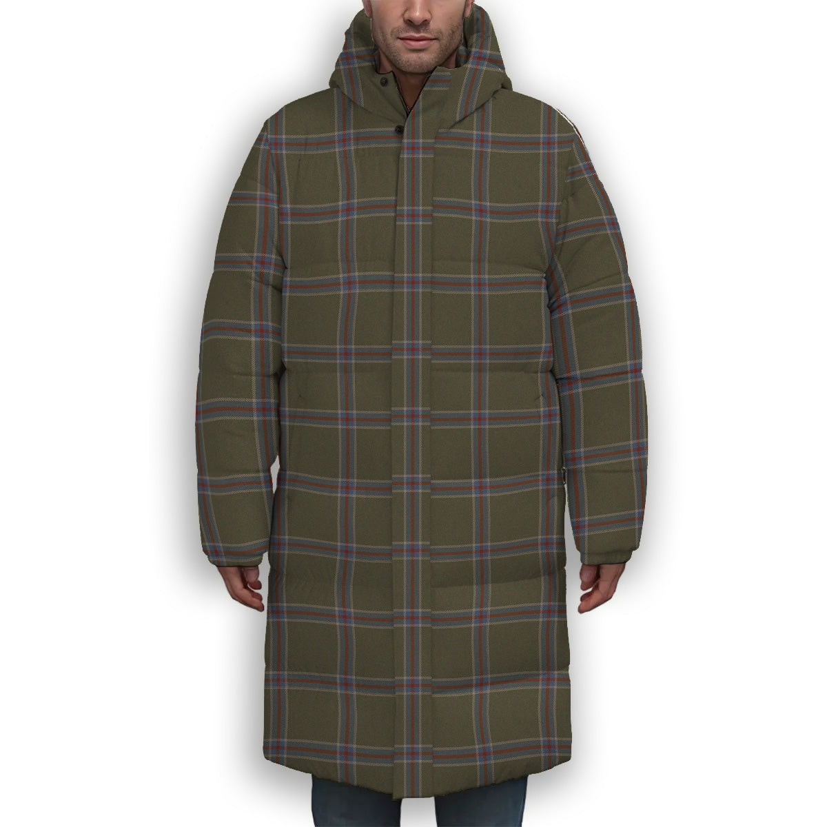 ScotsTee Shop Scottish Renn Faire Premium Tartan Long Down Jacket Winter White Duck Down Plaid