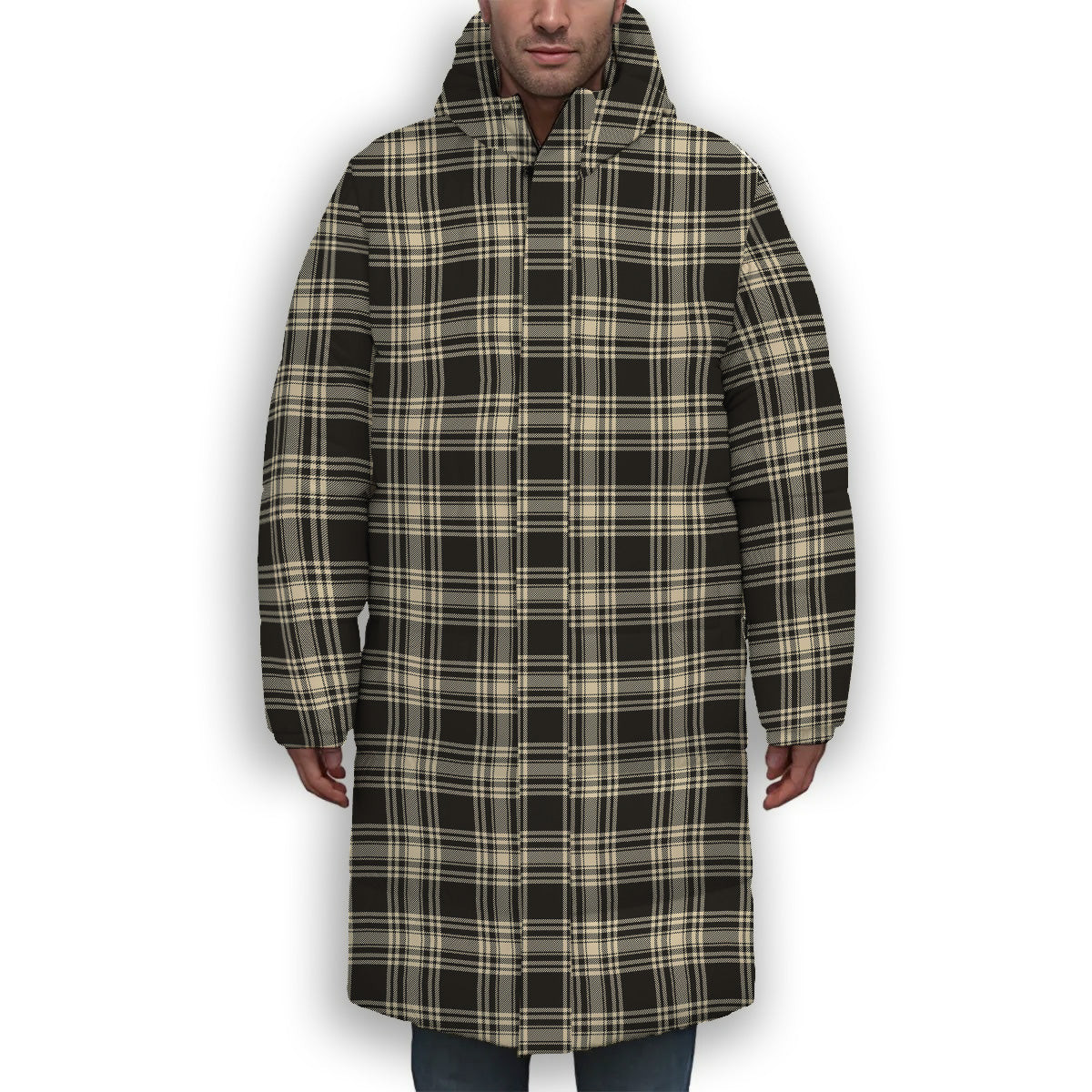 ScotsTee Shop Scottish Menzies Black & White Ancient Premium Tartan Long Down Jacket Winter White Duck Down Plaid