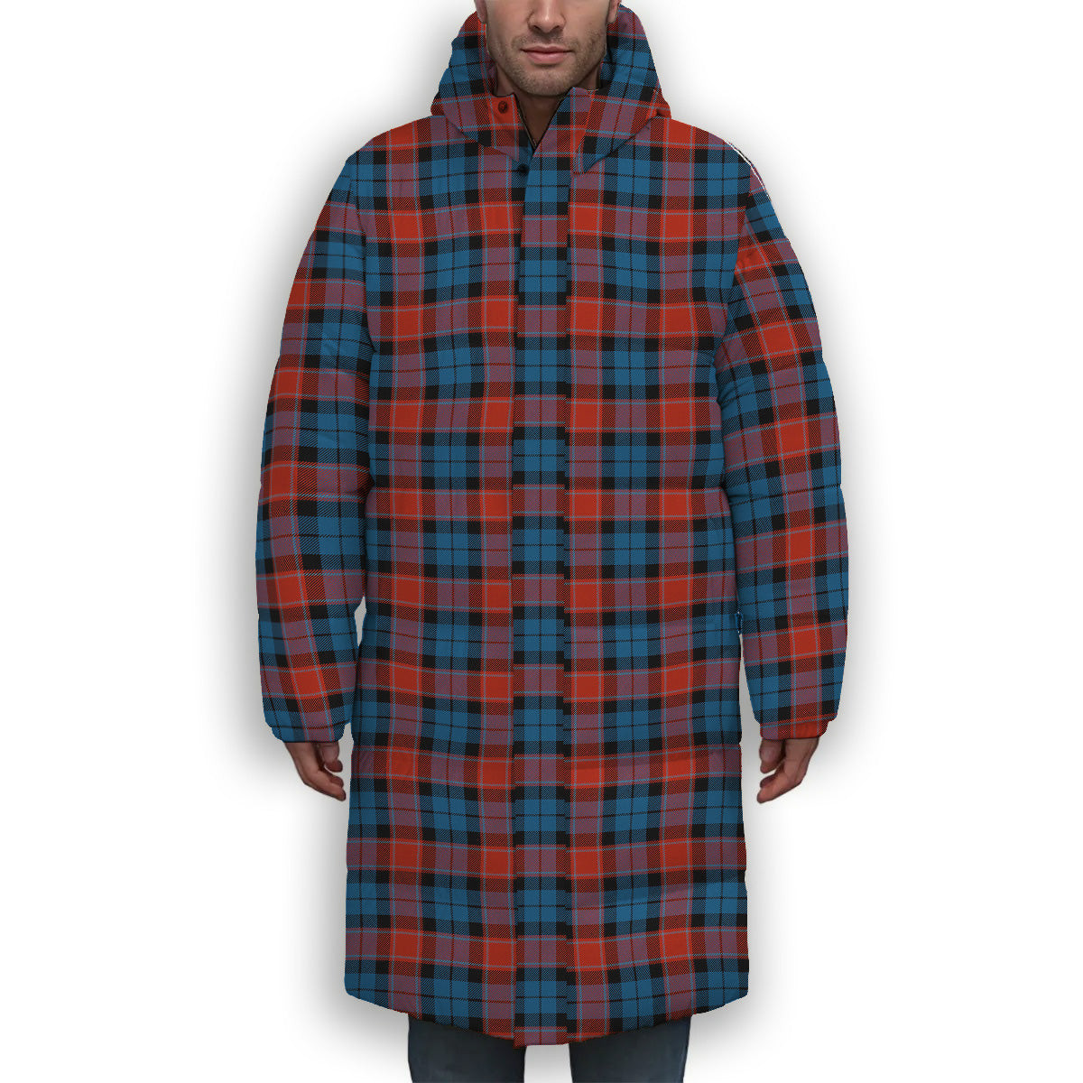 ScotsTee Shop Scottish Graham of Menteith Red Ancient Premium Tartan Long Down Jacket Winter White Duck Down Plaid
