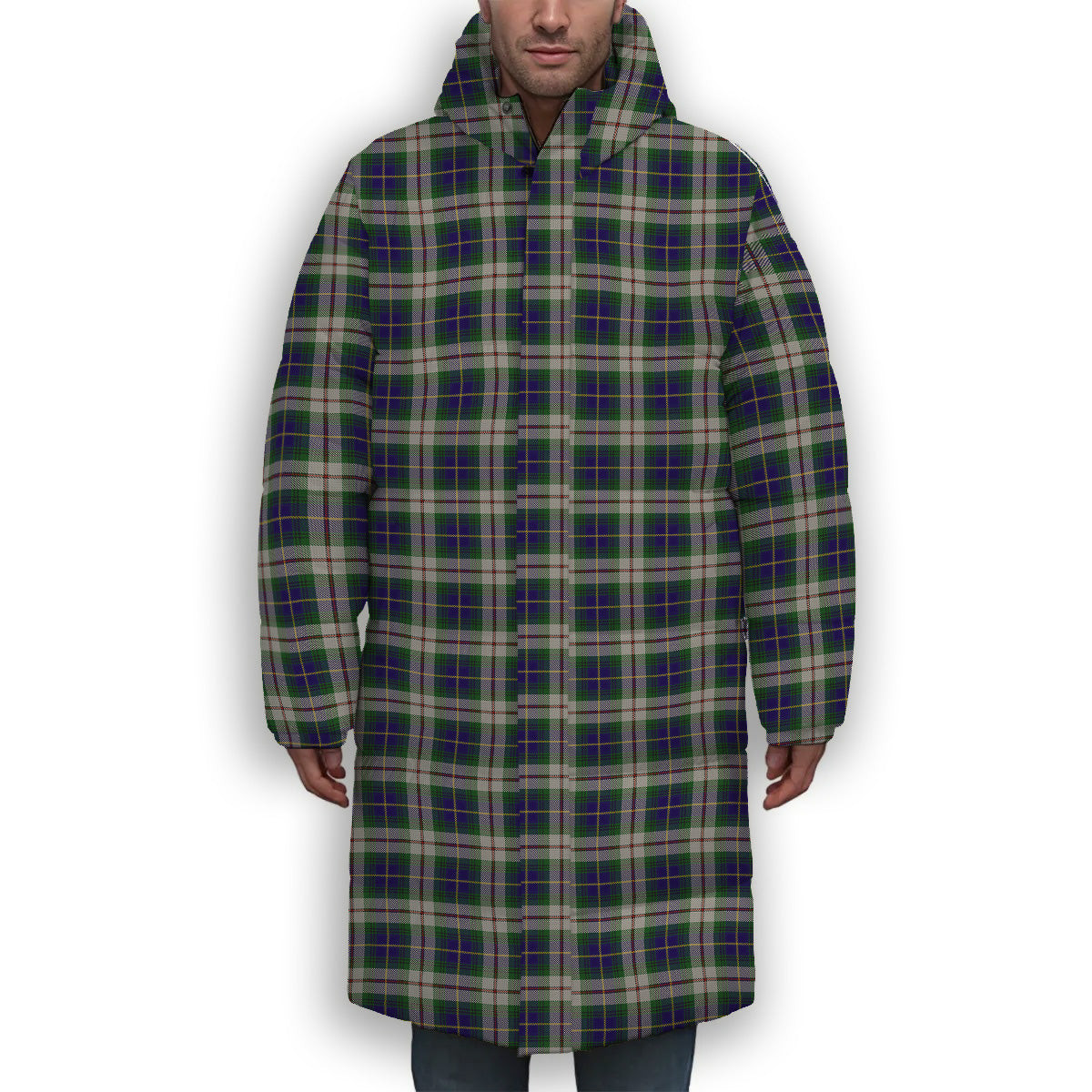 ScotsTee Shop Scottish MacLeod of California Premium Tartan Long Down Jacket Winter White Duck Down Plaid