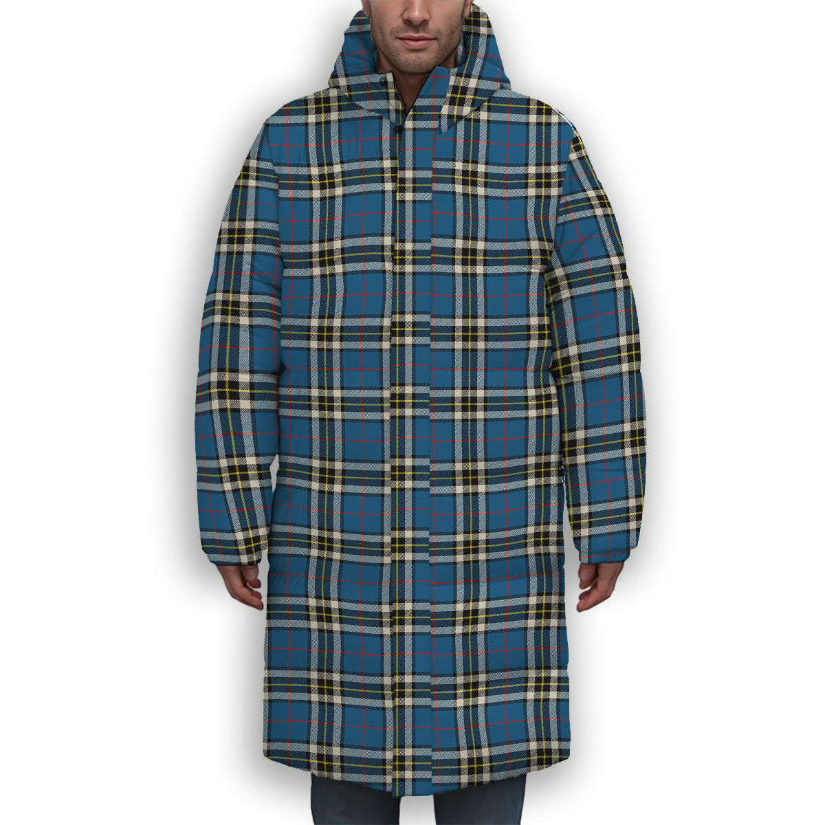 ScotsTee Shop Scottish Thompson Dress Blue Modern Premium Tartan Long Down Jacket Winter White Duck Down Plaid