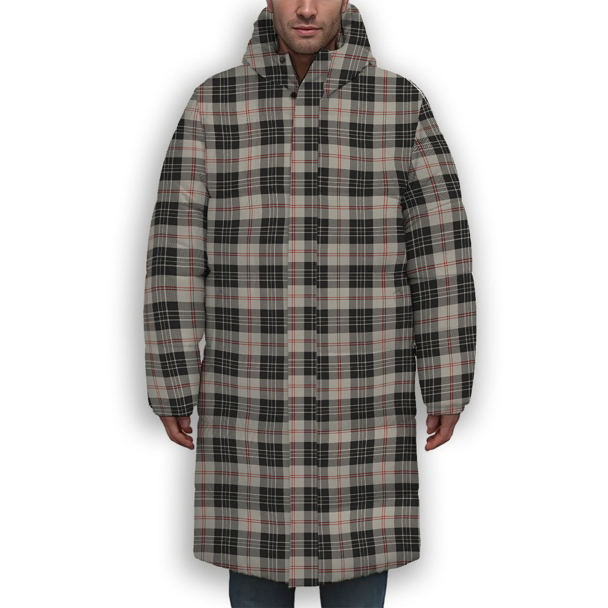 ScotsTee Shop Scottish MacPherson of Cluny Black and White Premium Tartan Long Down Jacket Winter White Duck Down Plaid
