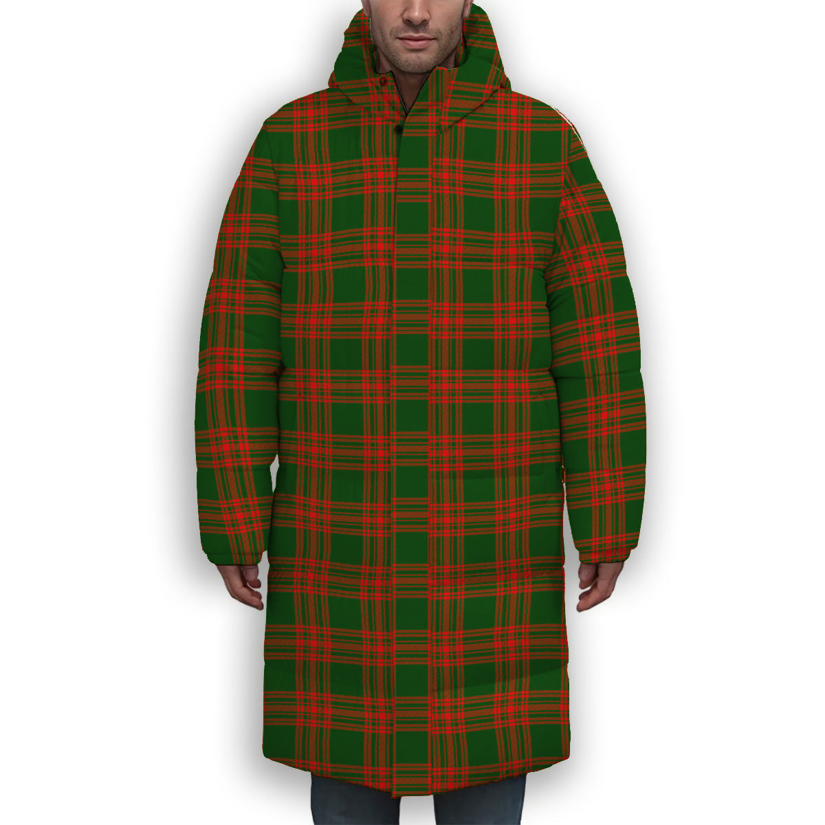 ScotsTee Shop Scottish Menzies Green Modern Premium Tartan Long Down Jacket Winter White Duck Down Plaid