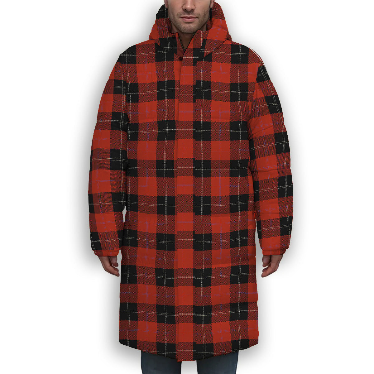 ScotsTee Shop Scottish Ramsay of Dalhousie (Ramsay Red) Ancient Premium Tartan Long Down Jacket Winter White Duck Down Plaid