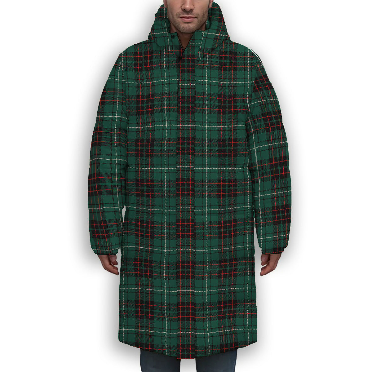 ScotsTee Shop Scottish MacAuley of Lewis Modern Premium Tartan Long Down Jacket Winter White Duck Down Plaid