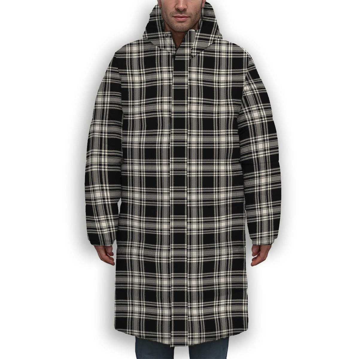 ScotsTee Shop Scottish Menzies Black & White Modern Premium Tartan Long Down Jacket Winter White Duck Down Plaid