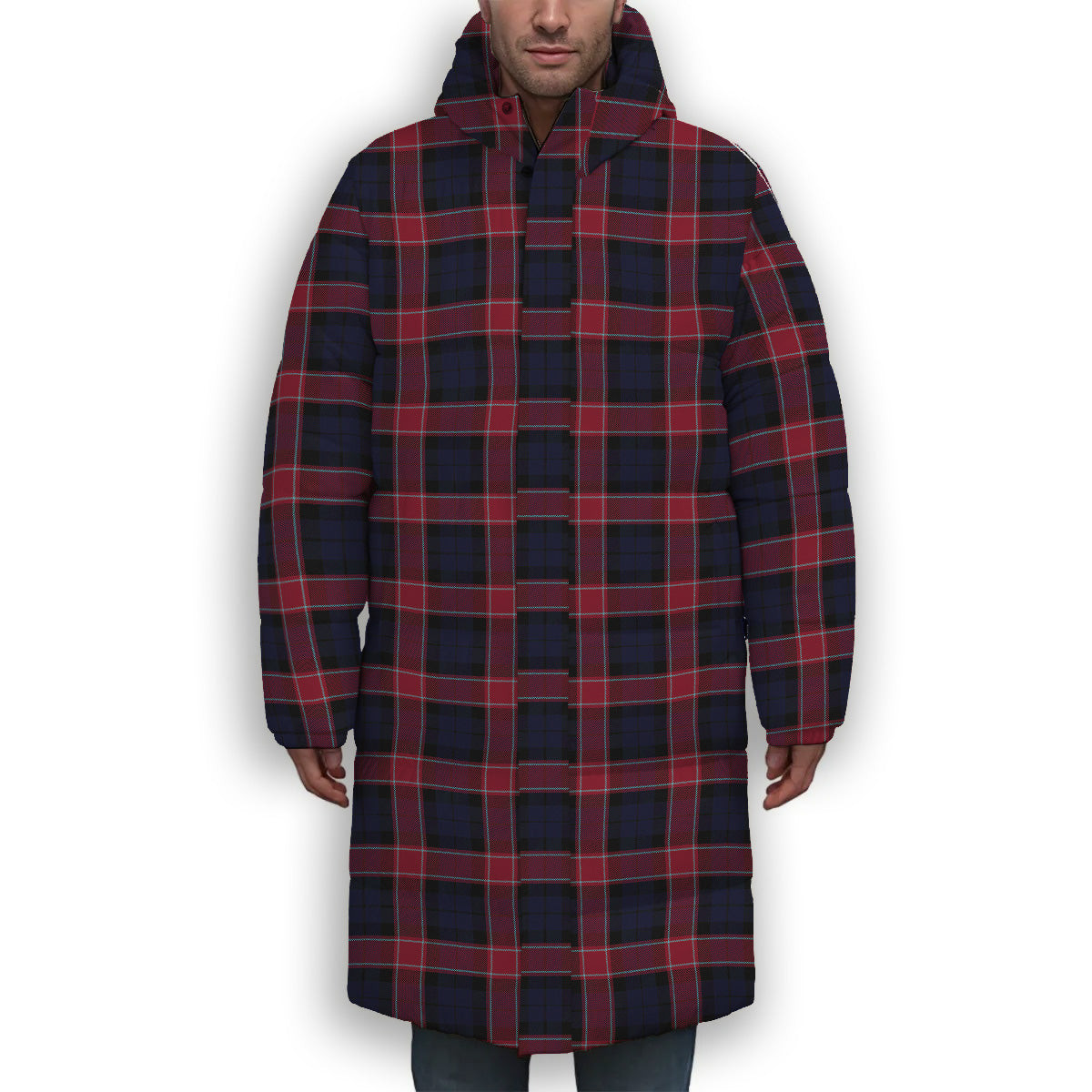 ScotsTee Shop Scottish Graham of Menteith Red Modern Premium Tartan Long Down Jacket Winter White Duck Down Plaid