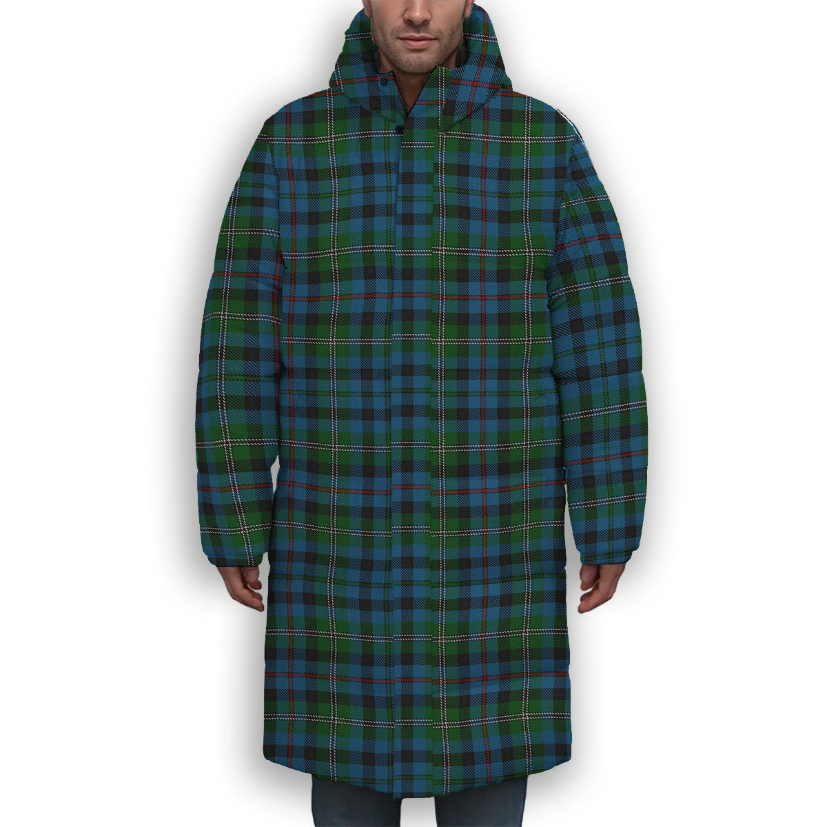ScotsTee Shop Scottish Stevenson Hunting Red Stripe Premium Tartan Long Down Jacket Winter White Duck Down Plaid