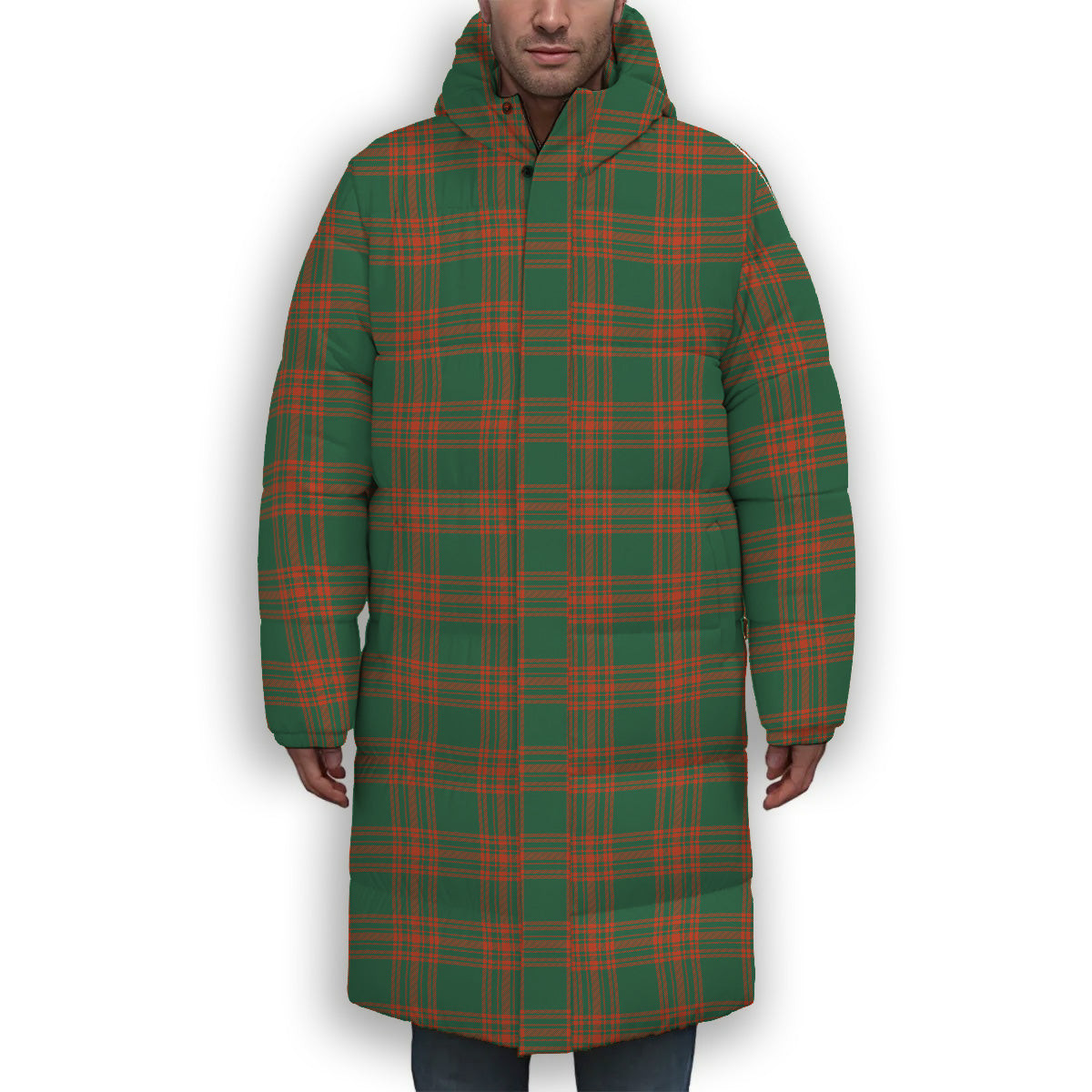 ScotsTee Shop Scottish Menzies Green Ancient Premium Tartan Long Down Jacket Winter White Duck Down Plaid