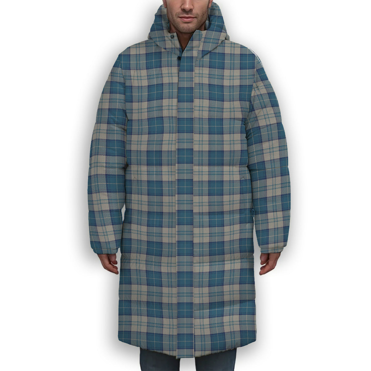 ScotsTee Shop Scottish Menzies Dress Blue and White Premium Tartan Long Down Jacket Winter White Duck Down Plaid
