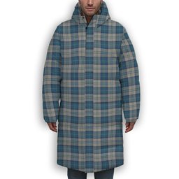 ScotsTee Shop Scottish Menzies Dress Blue and White Premium Tartan Long Down Jacket Winter White Duck Down Plaid