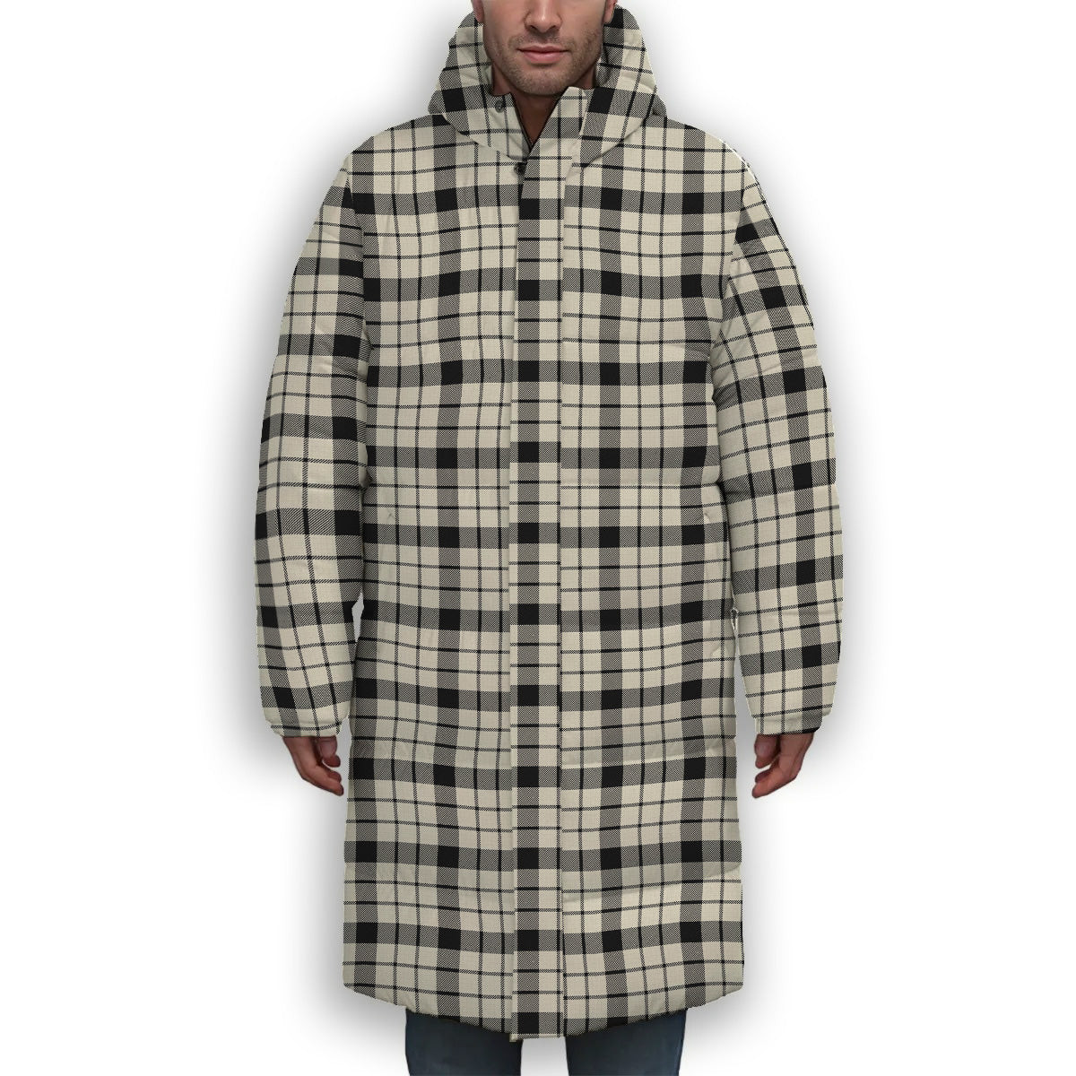ScotsTee Shop Scottish McFarland Black White Modern Premium Tartan Long Down Jacket Winter White Duck Down Plaid