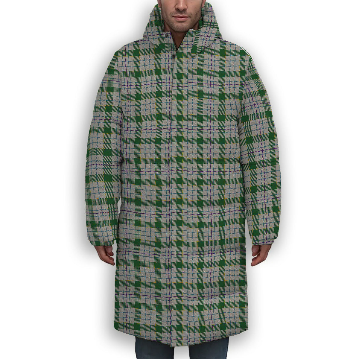 ScotsTee Shop Scottish Milne dress green Premium Tartan Long Down Jacket Winter White Duck Down Plaid