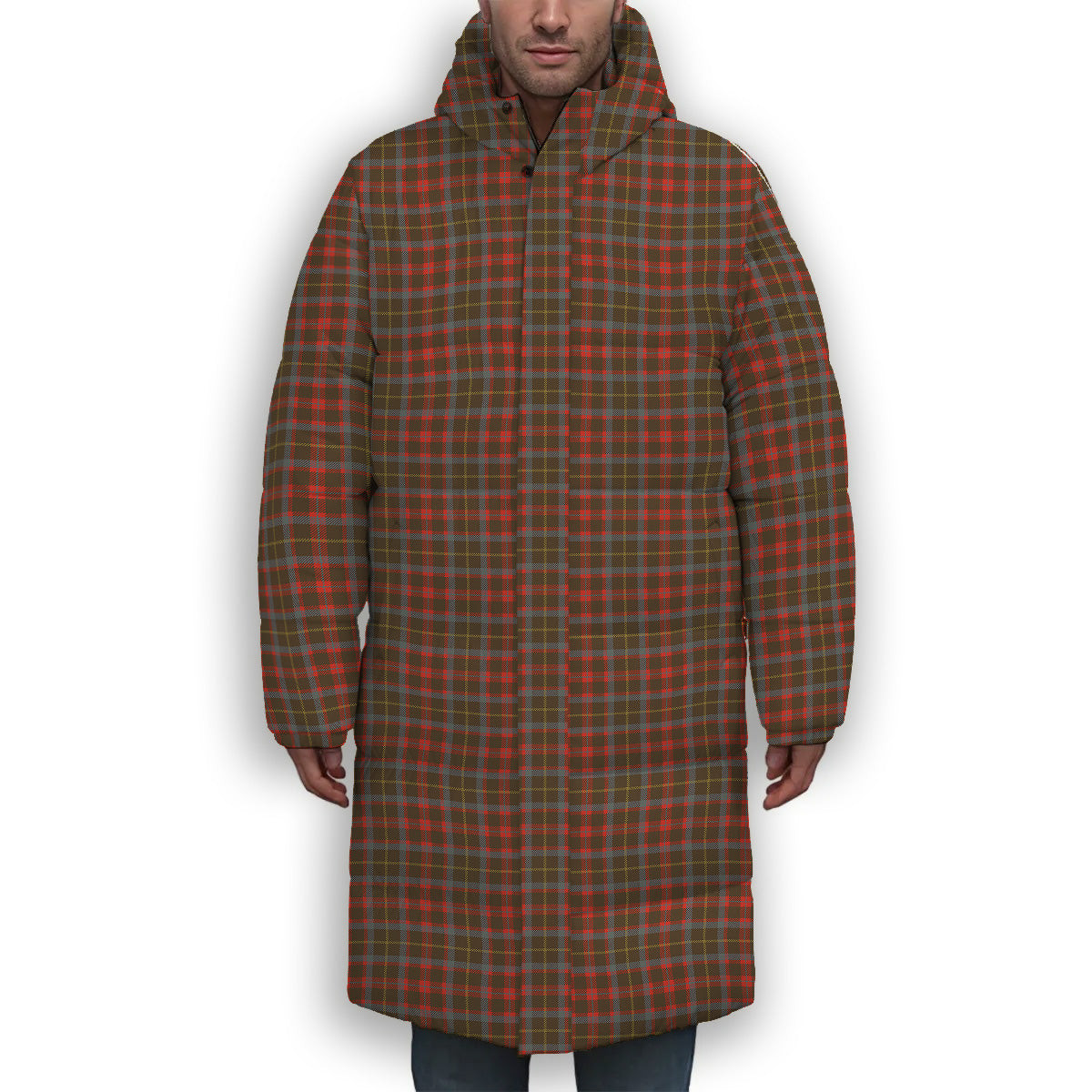 ScotsTee Shop Scottish McIntosh Hunting Weathered Premium Tartan Long Down Jacket Winter White Duck Down Plaid