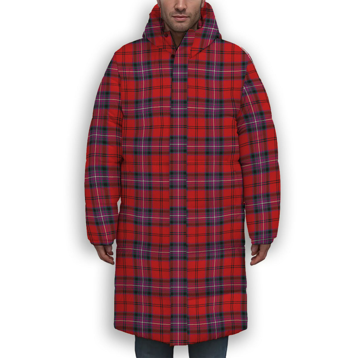 ScotsTee Shop Scottish Kelly of Sleat Red Modern Premium Tartan Long Down Jacket Winter White Duck Down Plaid