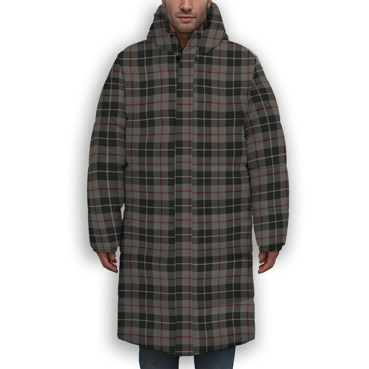 ScotsTee Shop Scottish Thompson Society Grey Premium Tartan Long Down Jacket Winter White Duck Down Plaid