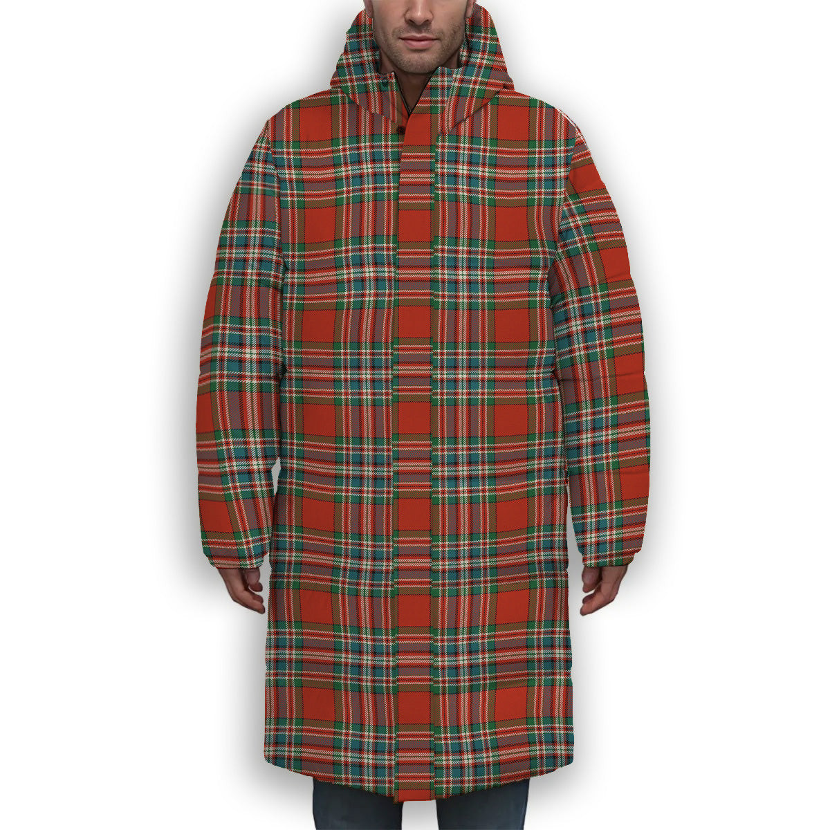 ScotsTee Shop Scottish McFarland Red Ancient Premium Tartan Long Down Jacket Winter White Duck Down Plaid