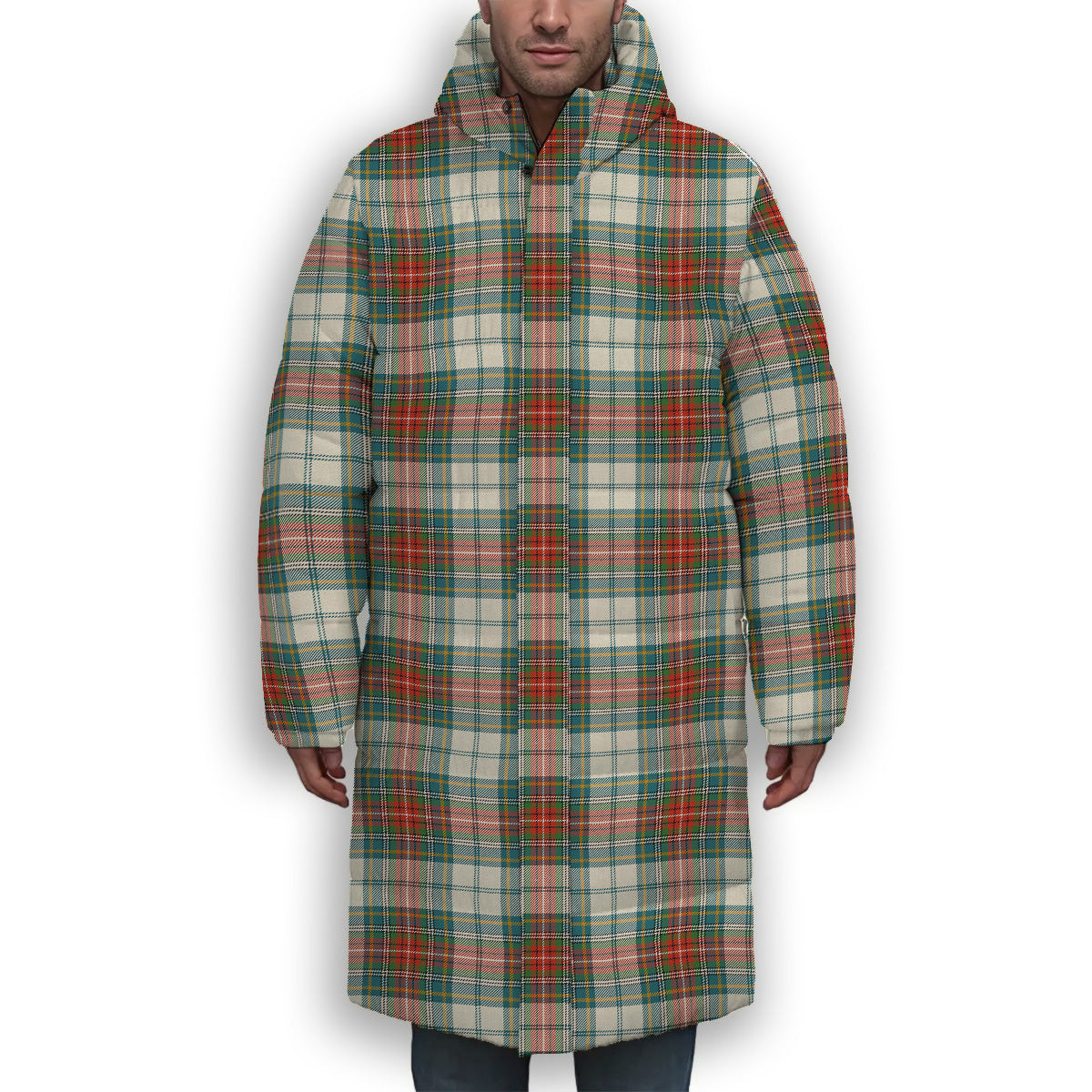 ScotsTee Shop Scottish McBeth Dress Ancient Premium Tartan Long Down Jacket Winter White Duck Down Plaid