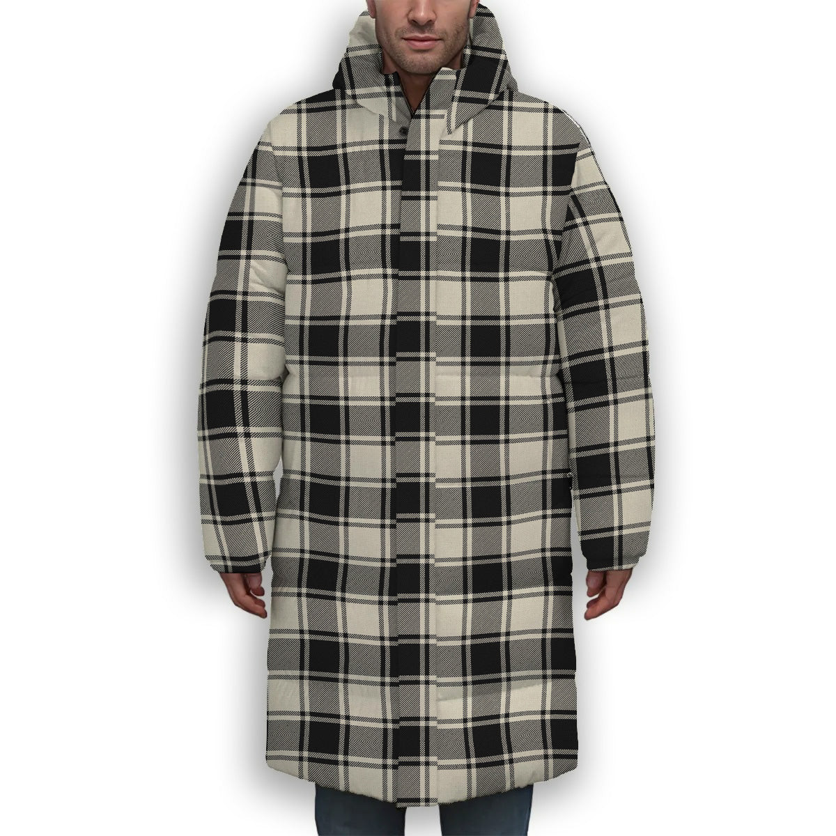 ScotsTee Shop Scottish MacFie Black & White Ancient Premium Tartan Long Down Jacket Winter White Duck Down Plaid