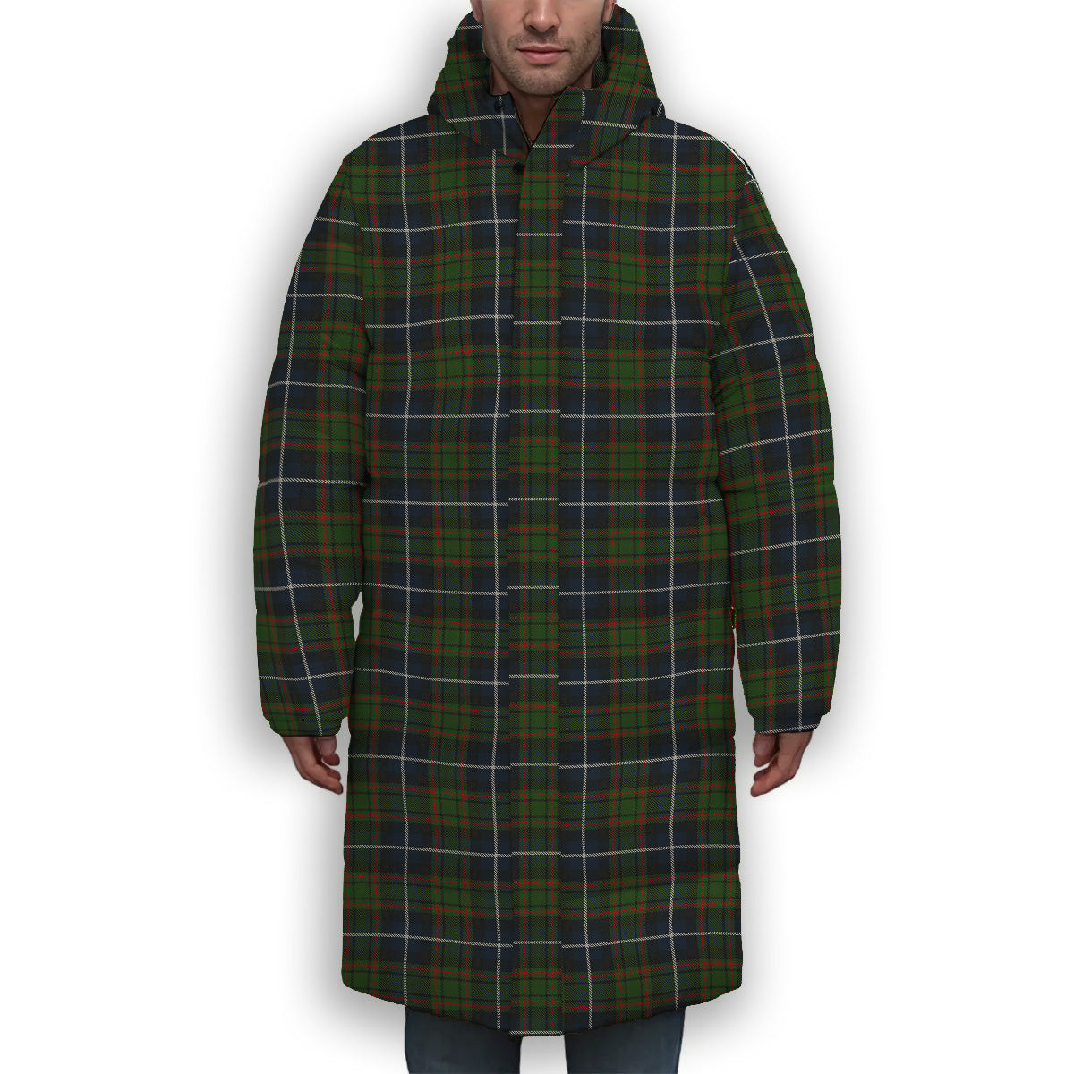ScotsTee Shop Scottish MacRae Hunting Premium Tartan Long Down Jacket Winter White Duck Down Plaid