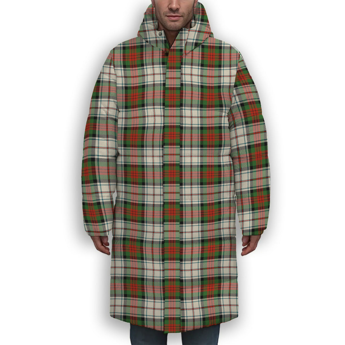 ScotsTee Shop Scottish MacDuff Dress Ancient Premium Tartan Long Down Jacket Winter White Duck Down Plaid