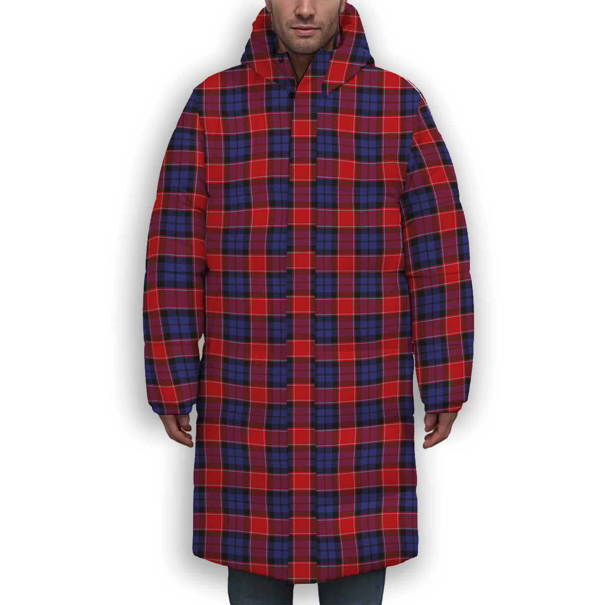 ScotsTee Shop Scottish Graham of Menteith Red Premium Tartan Long Down Jacket Winter White Duck Down Plaid