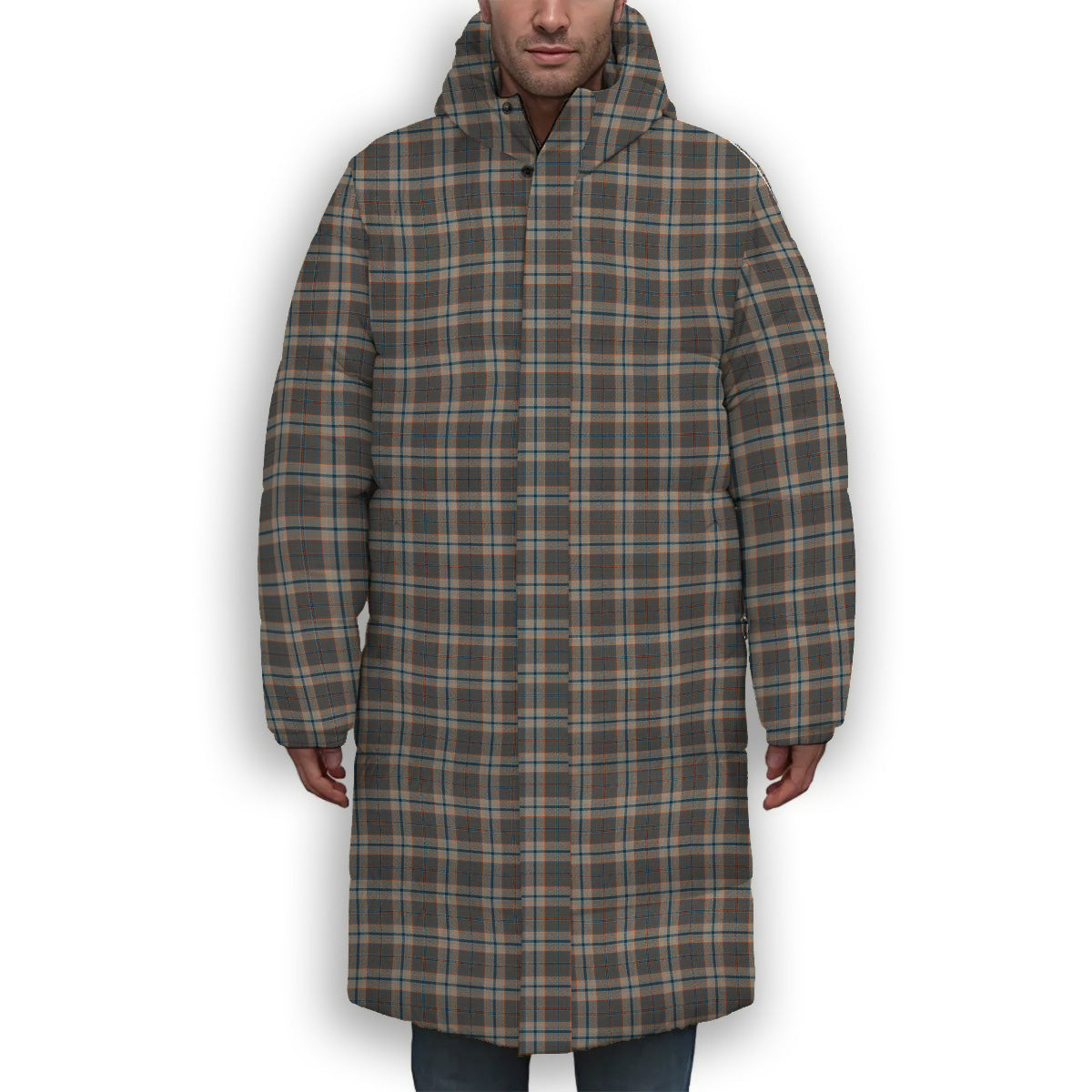 ScotsTee Shop Scottish Harris Mist Premium Tartan Long Down Jacket Winter White Duck Down Plaid