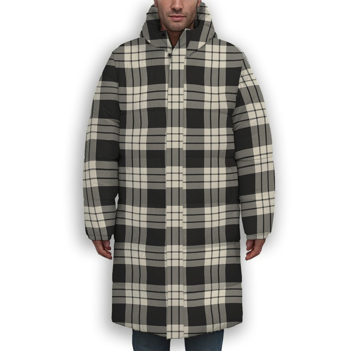 ScotsTee Shop Scottish McFarlane Black White Premium Tartan Long Down Jacket Winter White Duck Down Plaid