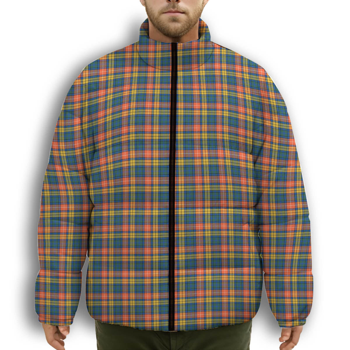 ScotsTee Shop Scottish Buchanan Ancient Premium Tartan Collar Down Jacket Winter White Duck Down Plaid