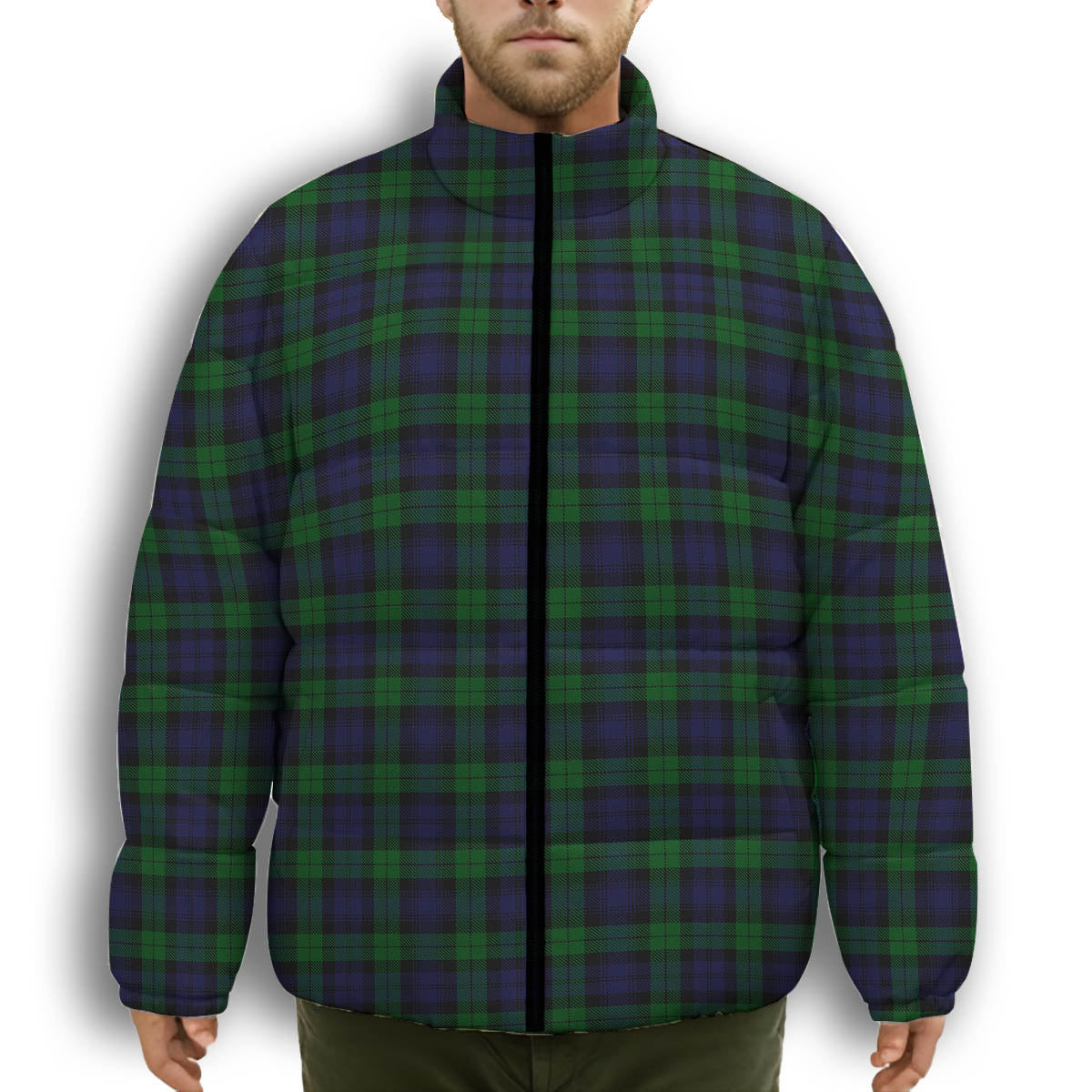ScotsTee Shop Scottish Black Watch Premium Tartan Collar Down Jacket Winter White Duck Down Plaid