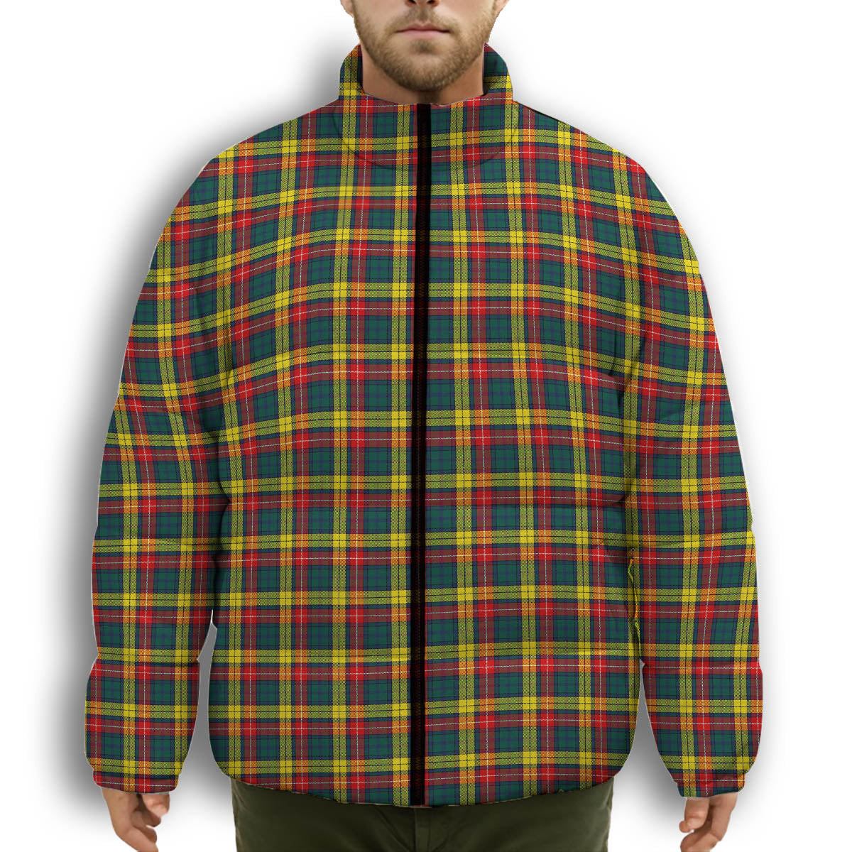 ScotsTee Shop Scottish Buchanan Modern Premium Tartan Collar Down Jacket Winter White Duck Down Plaid