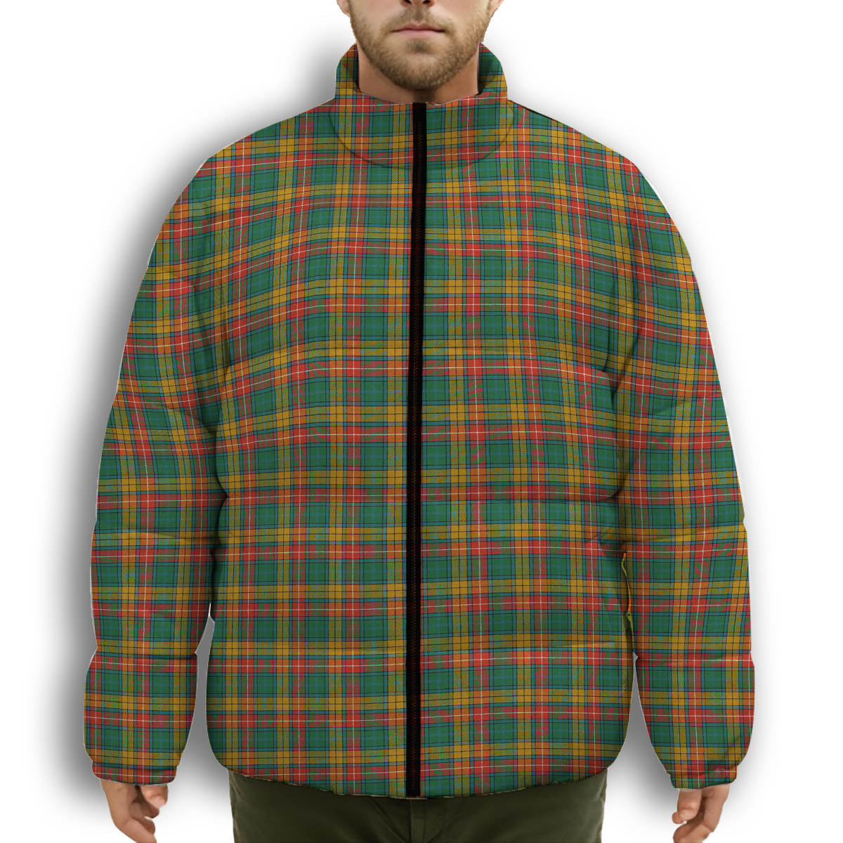 ScotsTee Shop Scottish Buchanan Ancient Clan Premium Tartan Collar Down Jacket Winter White Duck Down Plaid