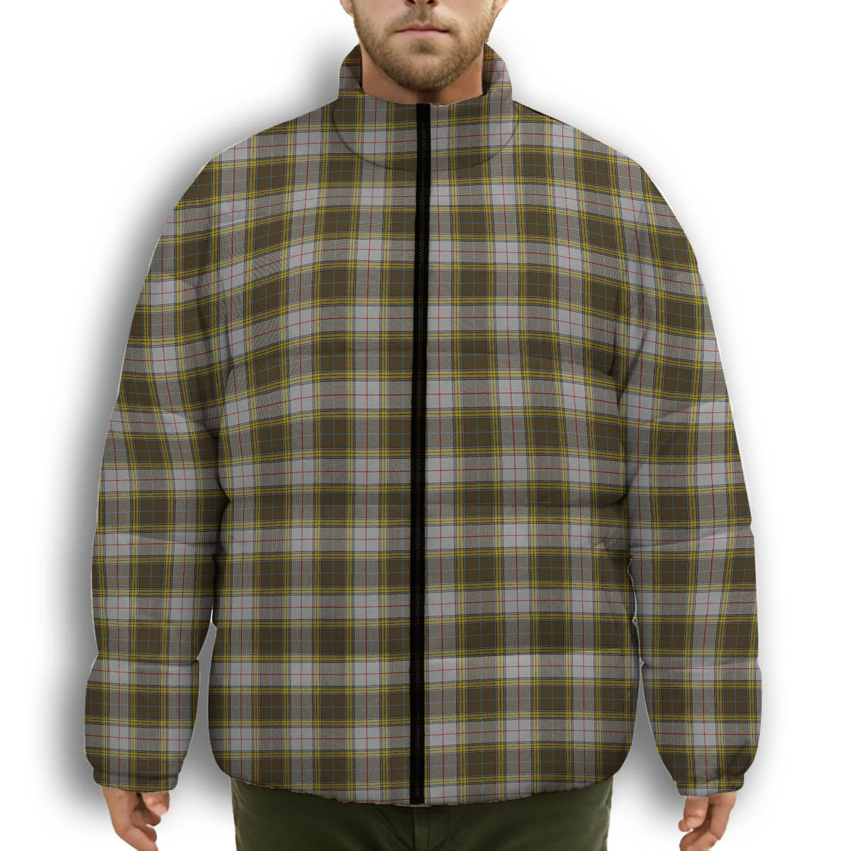 ScotsTee Shop Scottish Buchanan Dress Premium Tartan Collar Down Jacket Winter White Duck Down Plaid