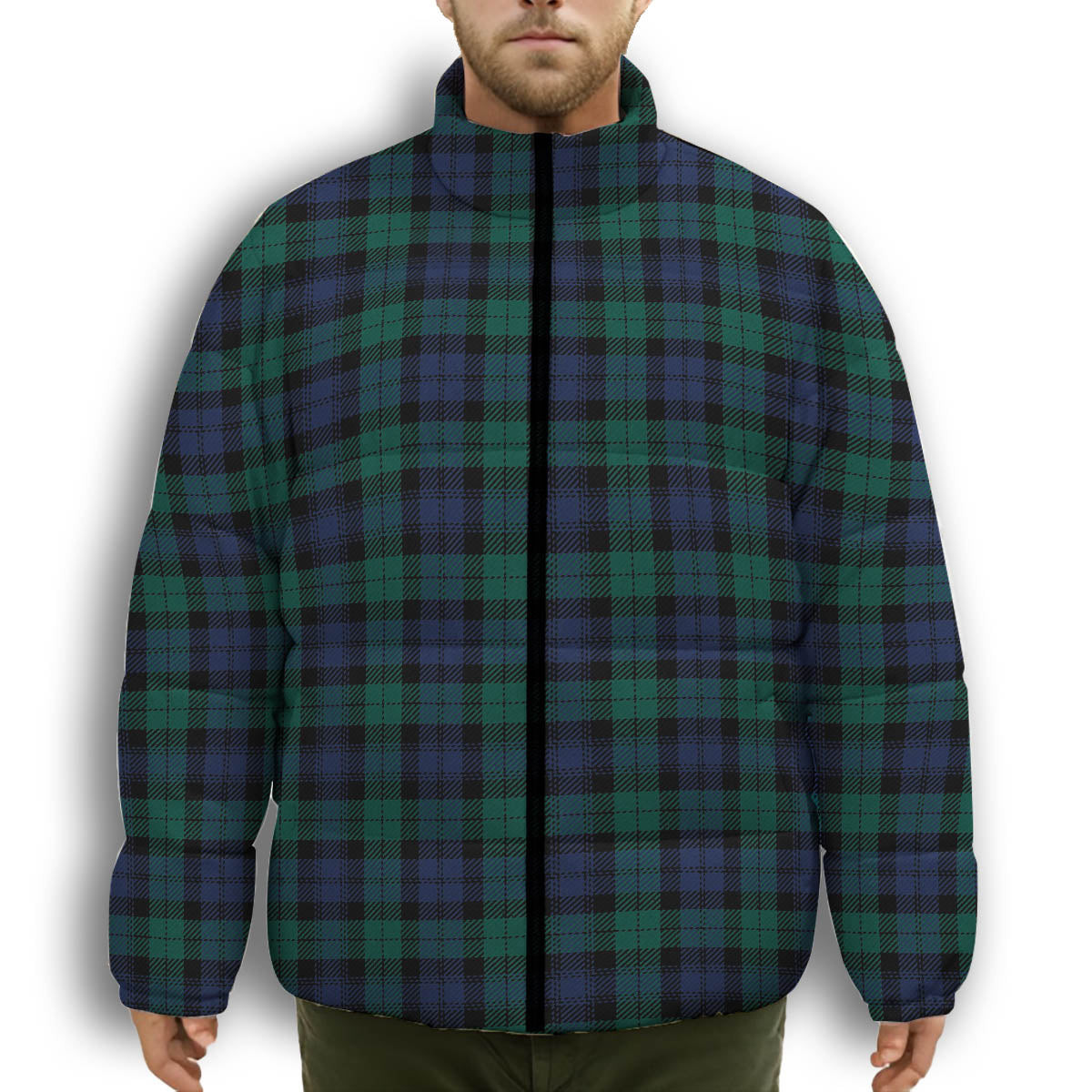 ScotsTee Shop Scottish Black Watch Large Sett Modern Premium Tartan Collar Down Jacket Winter White Duck Down Plaid