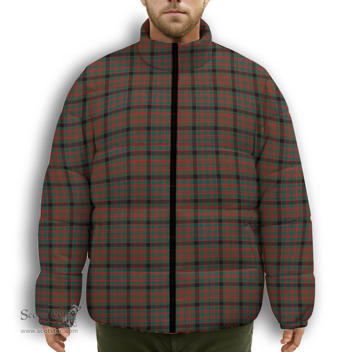 ScotsTee Shop Scottish Bowie Black Modern Premium Tartan Collar Down Jacket Winter White Duck Down Plaid