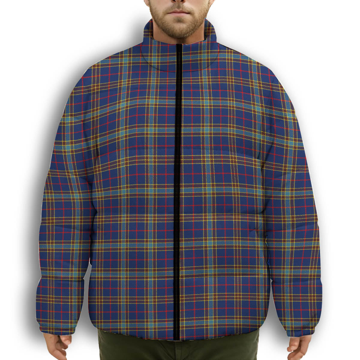 ScotsTee Shop Scottish Balfour Blue Modern Premium Tartan Collar Down Jacket Winter White Duck Down Plaid