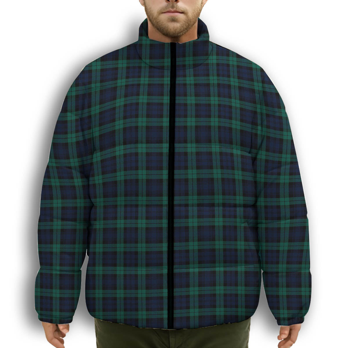 ScotsTee Shop Scottish Black Watch Modern Clan Premium Tartan Collar Down Jacket Winter White Duck Down Plaid