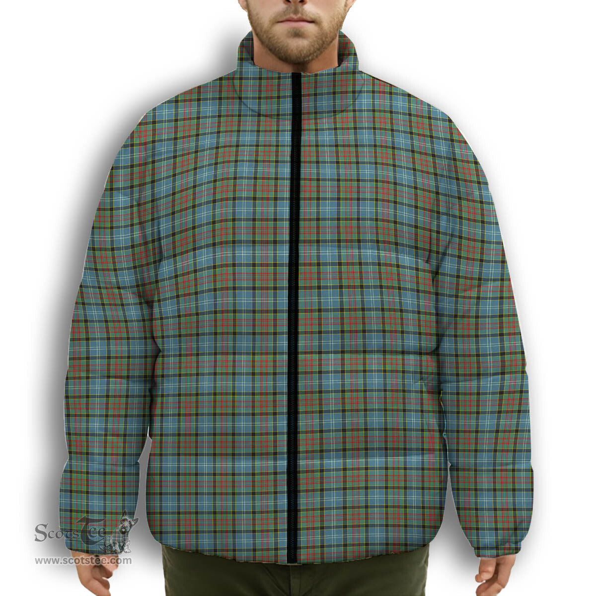 ScotsTee Shop Scottish Brisbane Modern Premium Tartan Collar Down Jacket Winter White Duck Down Plaid