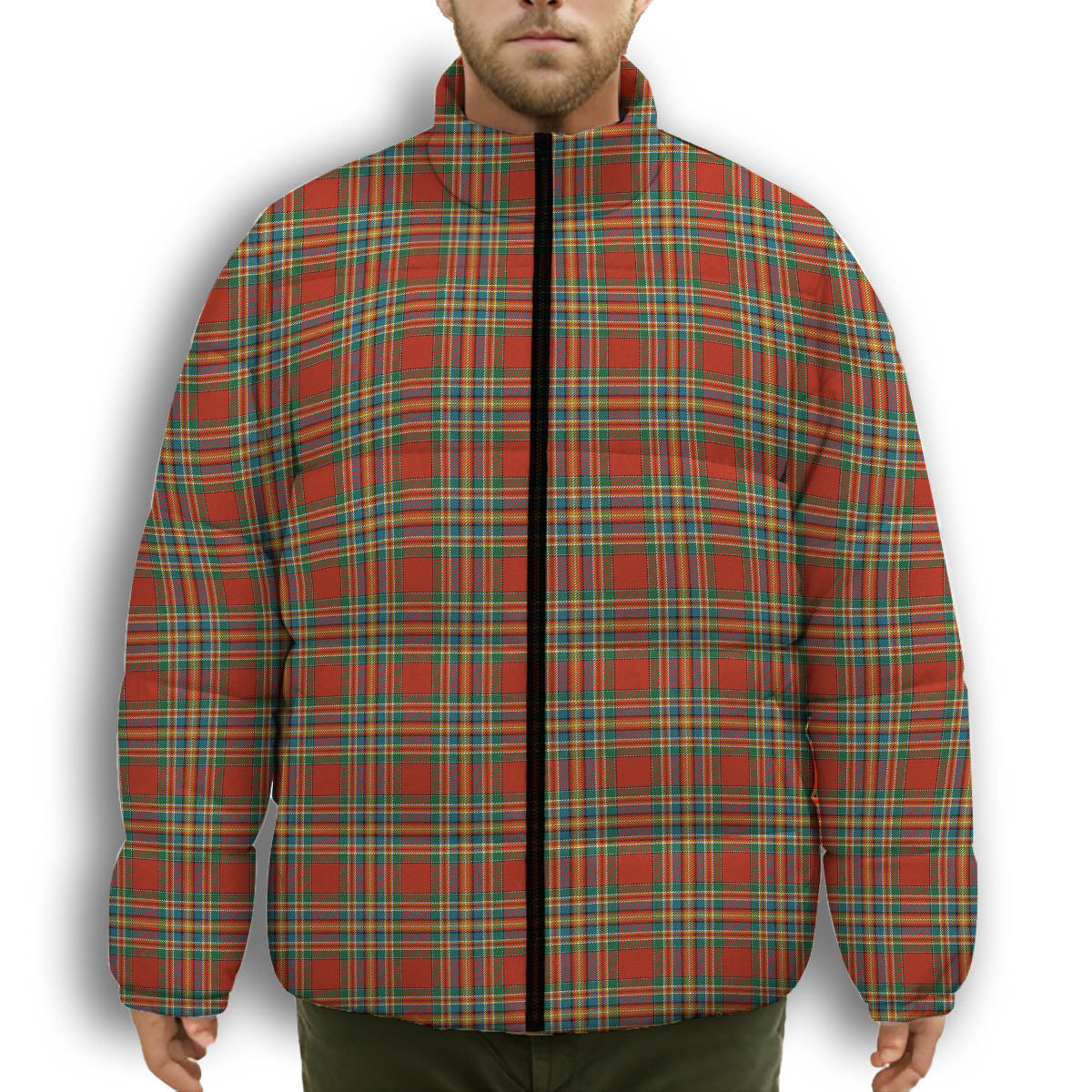 ScotsTee Shop Scottish Chattan Ancient Premium Tartan Collar Down Jacket Winter White Duck Down Plaid