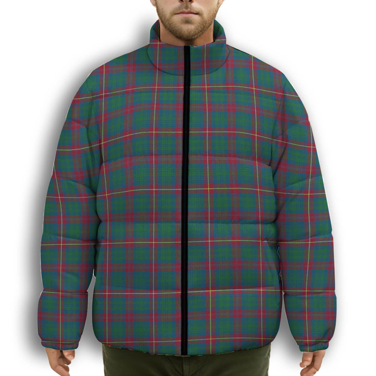 ScotsTee Shop Scottish Cairns of Finavon Ancient Premium Tartan Collar Down Jacket Winter White Duck Down Plaid