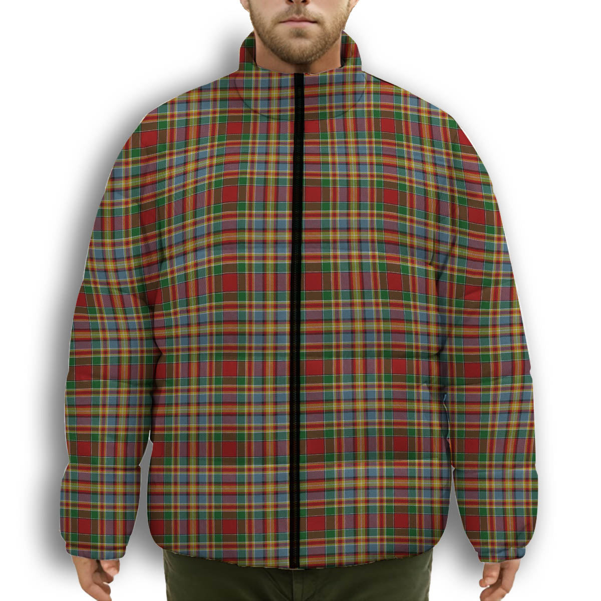 ScotsTee Shop Scottish Chattan Chief of Clan Premium Tartan Collar Down Jacket Winter White Duck Down Plaid