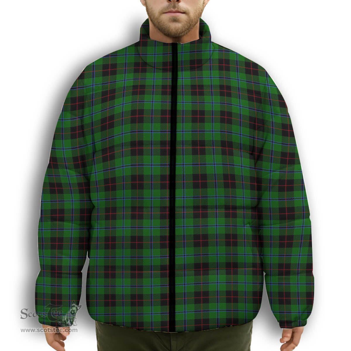 ScotsTee Shop Scottish Douglas Black Premium Tartan Collar Down Jacket Winter White Duck Down Plaid