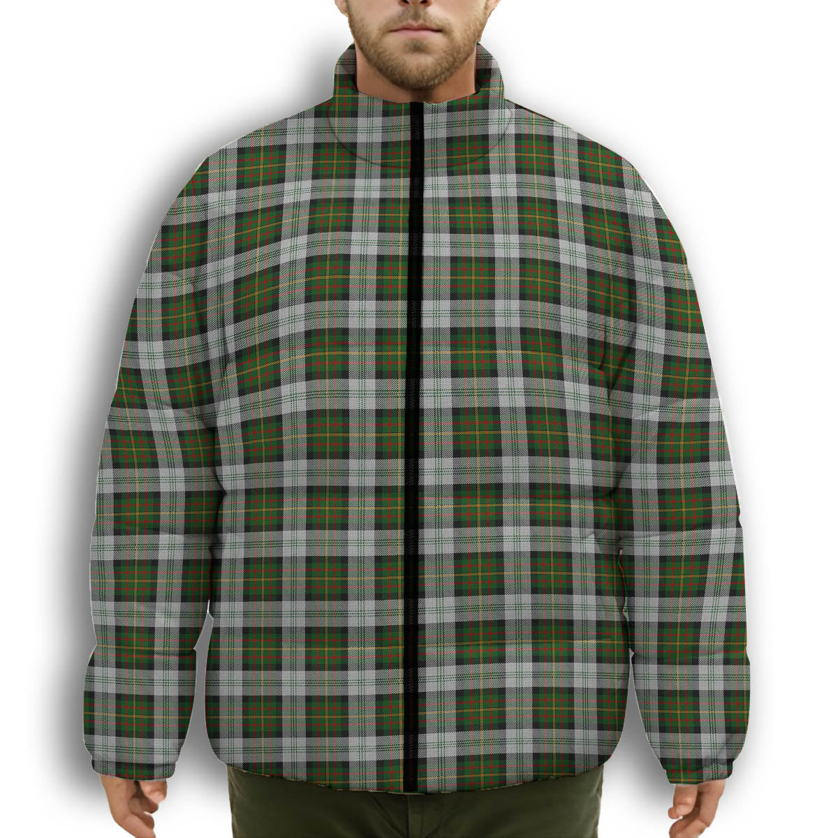 ScotsTee Shop Scottish Gillies Dress Green Premium Tartan Collar Down Jacket Winter White Duck Down Plaid