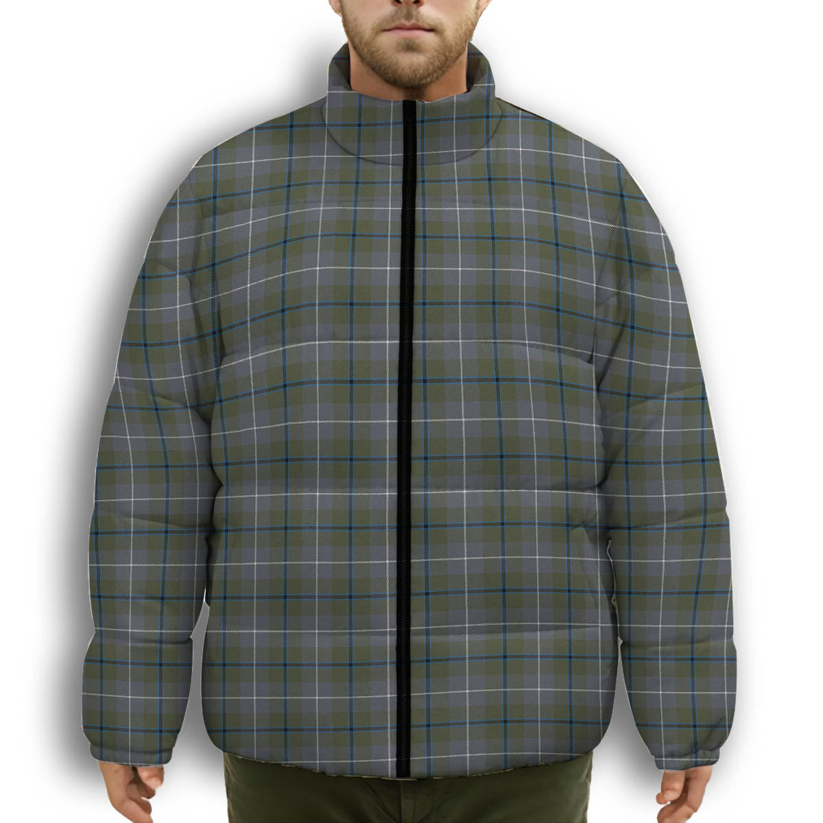 ScotsTee Shop Scottish Douglas Green Ancient Premium Tartan Collar Down Jacket Winter White Duck Down Plaid
