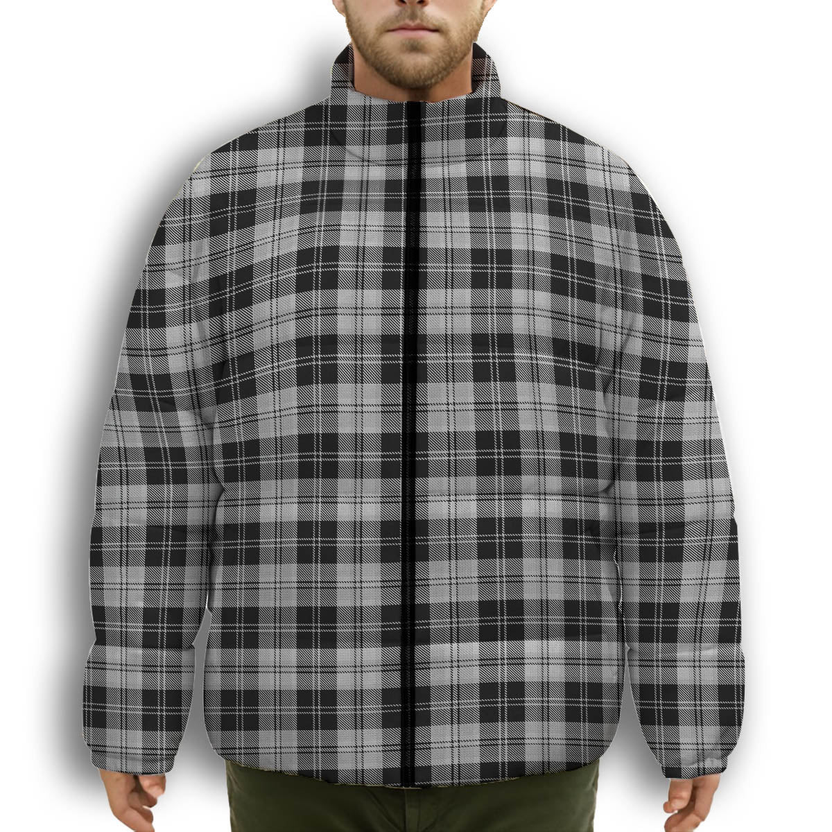 ScotsTee Shop Scottish Erskine Black and White Premium Tartan Collar Down Jacket Winter White Duck Down Plaid