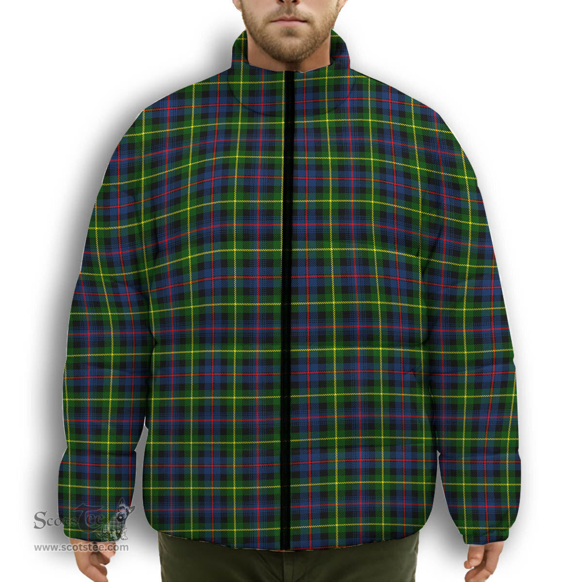 ScotsTee Shop Scottish Farquharson Modern Premium Tartan Collar Down Jacket Winter White Duck Down Plaid