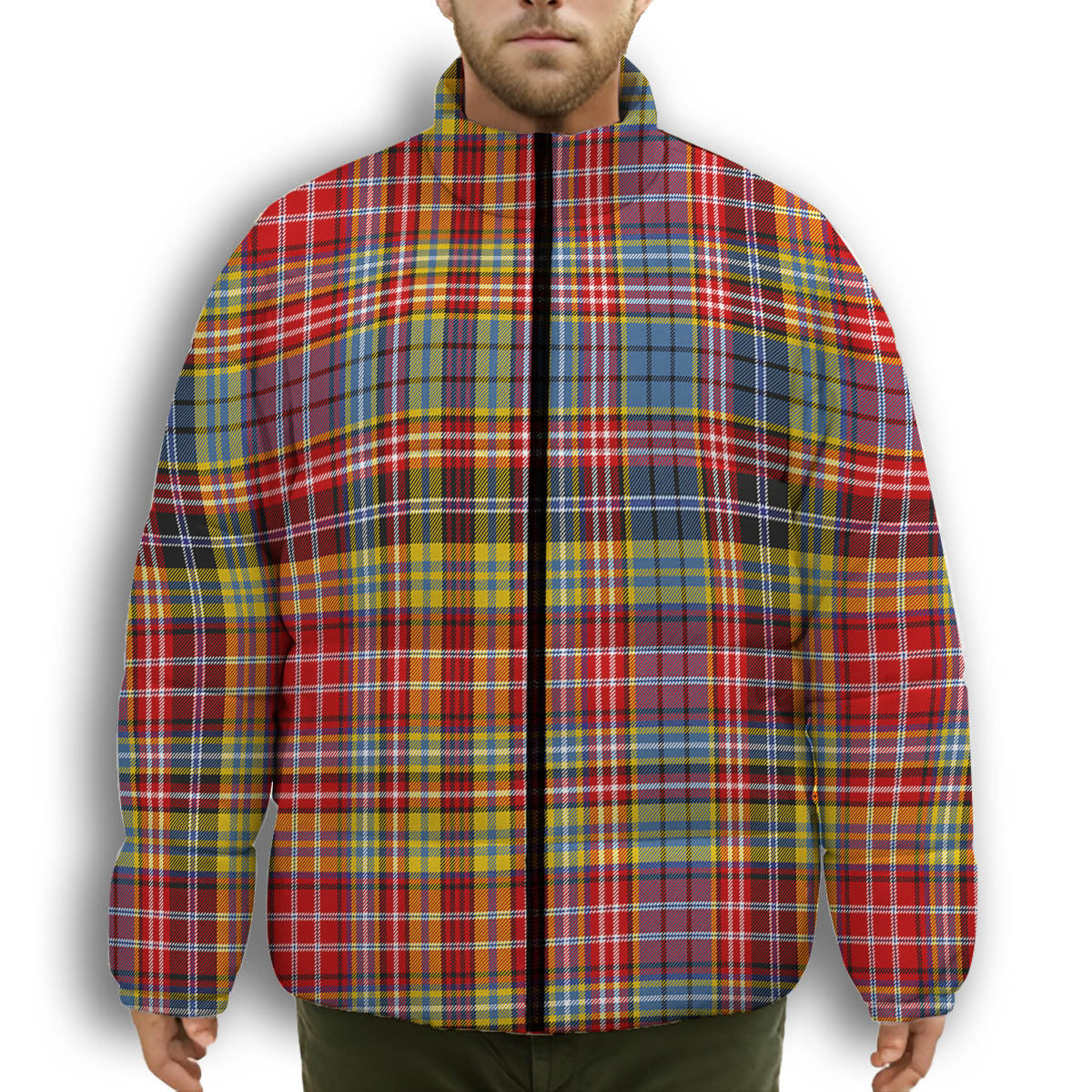 ScotsTee Shop Scottish Drummond of Strathallan Modern Premium Tartan Collar Down Jacket Winter White Duck Down Plaid