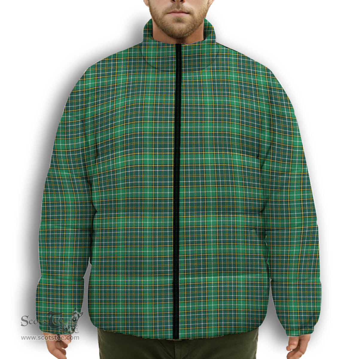 ScotsTee Shop Scottish Forrester Hunting Modern Premium Tartan Collar Down Jacket Winter White Duck Down Plaid